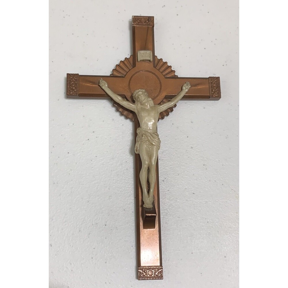 Vintage Plastic Crucifix MCM 8" Jesus Catholic Crucifixion Cross Copper Color